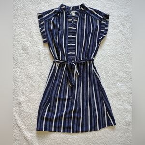 *NWOT* Monteau LA Women's Medium Blue & Black Striped Midi Dress Tie Waist